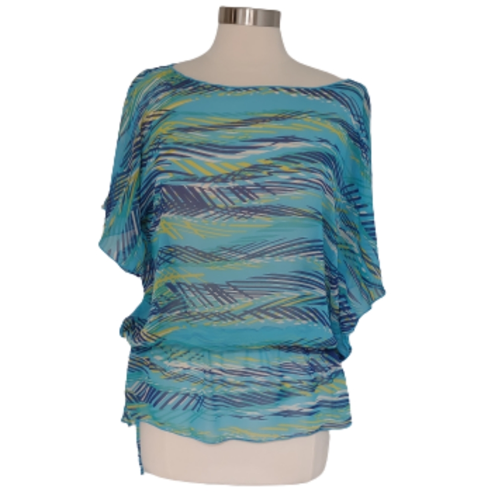 Apt 9 Abstract Geometric Dolman Blouse Large Blue Green Sheer Top